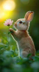 Adorable Brown Bunny Gazing at a Pink Flower in a Lush Green Meadow During Golden Hour