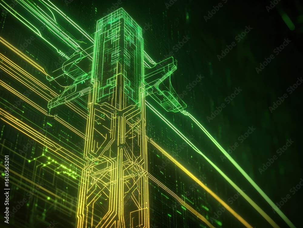 Poster electricity grid storage concept. abstract digital illustration of a structure with green tones and 