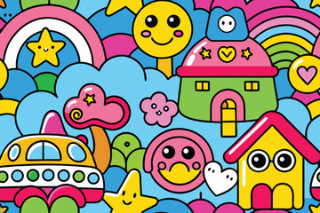 Fototapeta premium Colorful Kawaii Background Pattern with Smiling Faces, Clouds, Stars, and Cute Houses
