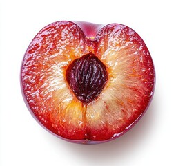 Fresh and Juicy Red Plum Halved with Bright Colors Showing Juicy Flesh and Single Seed in the Center