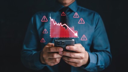 Businessman monitors market crash on phone, financial crisis concept with warning signs and red chart