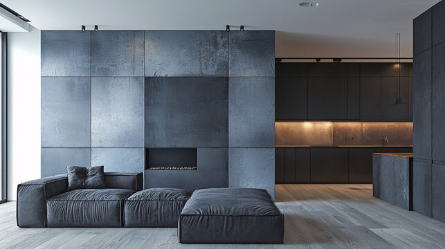 Modern interior with a gray sofa and ottoman in front of a textured wall, leading to a dark kitchen area.