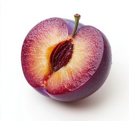 Freshly Cut Juicy Plum Displaying Vibrant Colors and Unique Texture on White Background