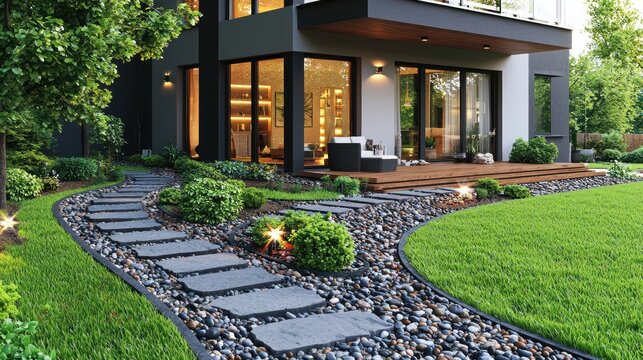 Modern home path in green garden