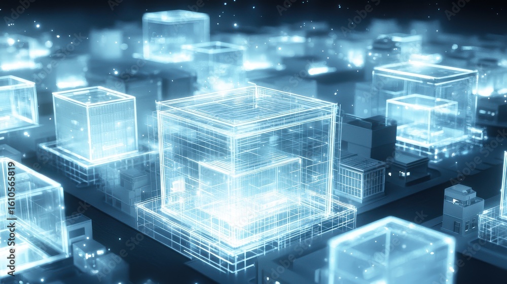 Aufkleber electricity grid storage concept. futuristic digital cityscape with illuminated grid-like structures