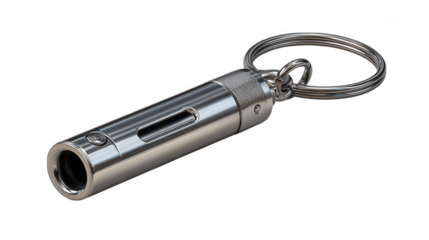 A small silver metallic tube attached to a keychain ring is isolated on transparent background, a modern portable accessory