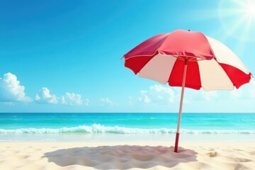 Bold red and white vector beach umbrella, open, sunny day, red, colorful