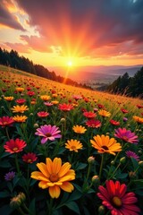 Fototapeta premium Blazing sunset over diverse wildflowers, lush field , horizon, scenic, clouds