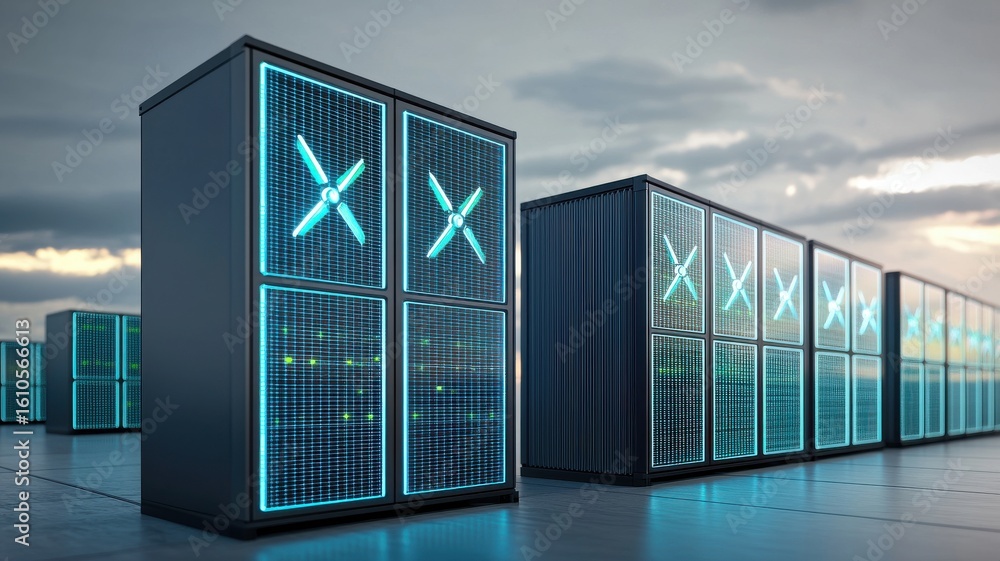 Poster electricity grid storage concept. futuristic data center with illuminated server racks against a clo