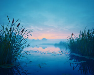 Obraz premium foggy pond reeds still water nature calm landscape