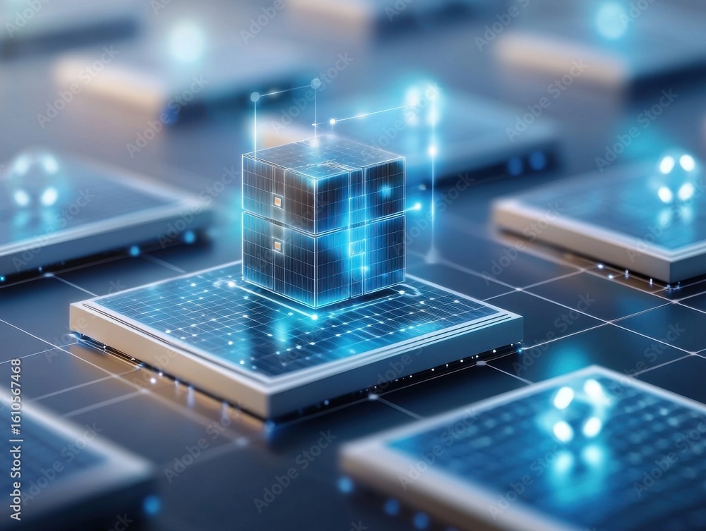 Poster electricity grid storage concept. futuristic digital cube surrounded by glowing technology elements 