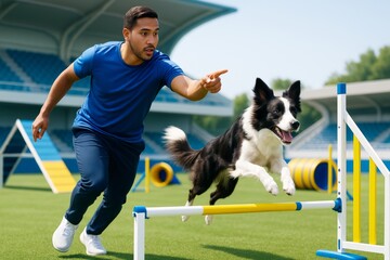 Man training energetic Border Collie in dog agility course on stadium field, engaging in active outdoor hobby and leisure activity together. Ai generative