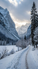 Snowy Mountain Valley with Evergreen Tree and Serene Pathway