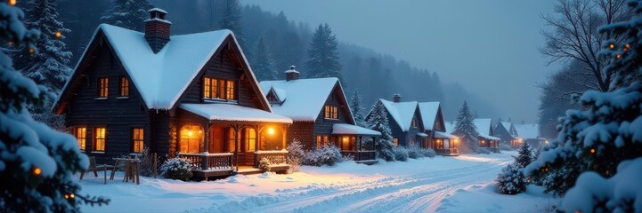 Charming vintage houses dusted with snow, twinkling lights , wonderland, snowy, christmas decorations