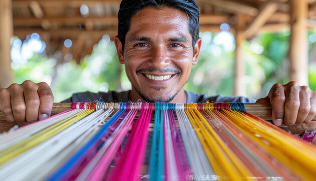 Retrato de hombre sonriente rodeado de hilos textiles coloridos en mercado tradicional artesanal