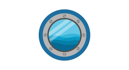 Circular ship porthole with a blue and grey metal frame showing a view of the sea waves.