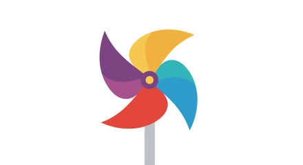 Colorful pinwheel with five curved blades in purple, yellow, blue, and red.