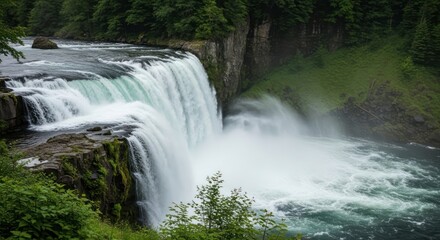 Fototapeta premium Waterfall cascades into river surrounded by lush green forest