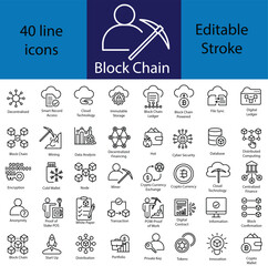 Blockchain technology line editable icon set. Cryptocurrency icons element. Containing blockchain, node, distribution, decentralized finance, encryption, tokens, and more. vector illustrator