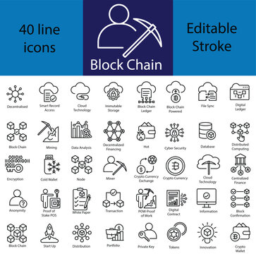 Blockchain technology line editable icon set. Cryptocurrency icons element. Containing blockchain, node, distribution, decentralized finance, encryption, tokens, and more. vector illustrator