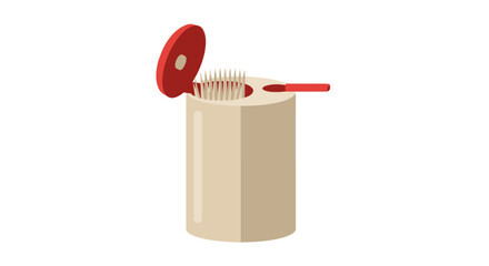 Modern beige cylindrical toothpick dispenser with an open red lid and picks.