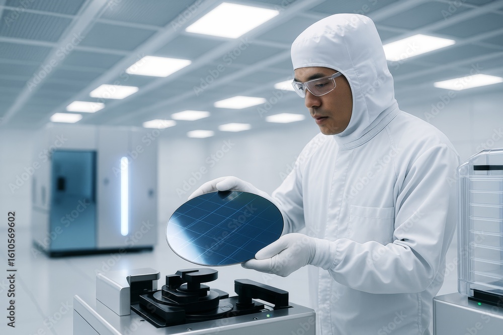 Poster semiconductor technician in cleanroom examining silicon wafer under bright lights in high-tech manuf