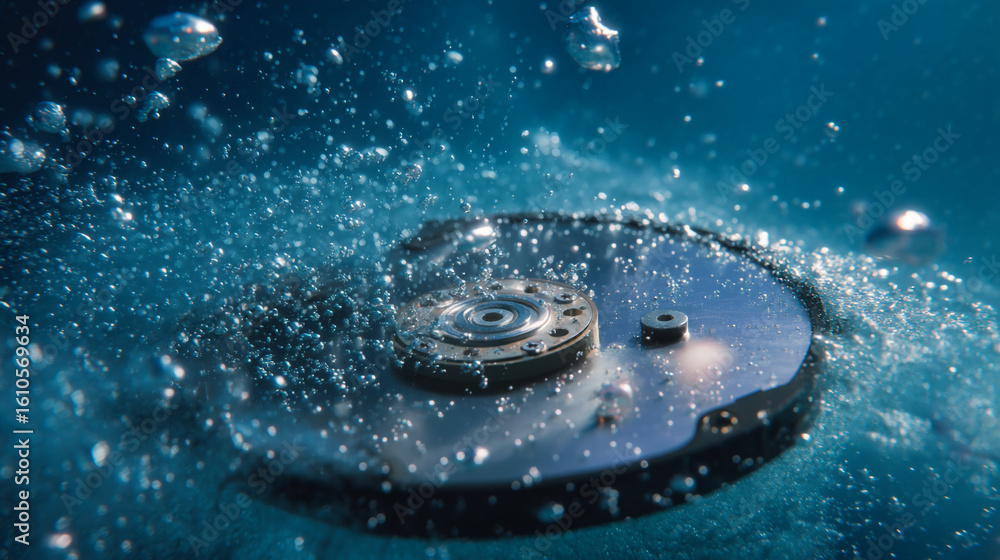Aufkleber a hard drive submerged in water with bubbles surrounding it in a close up view