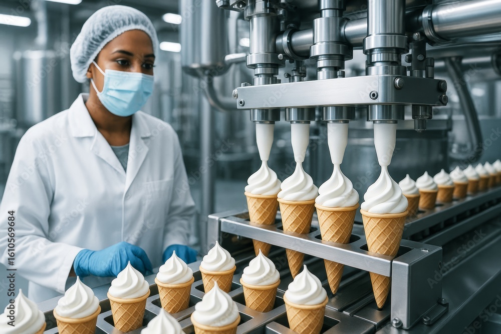 Poster worker monitoring automated ice cream cone production line at modern factory in hygienic uniform and