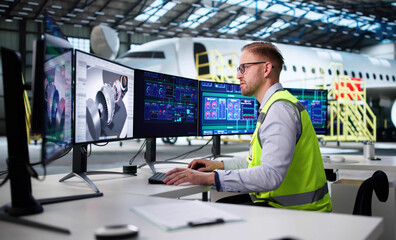 Young Aircraft Design Engineer Analyzing 3D Computer Screen