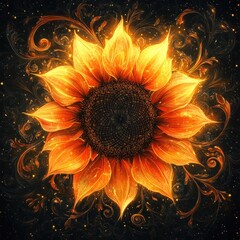 Vibrant Artistic Representation of a Sunflower with Intricate Floral Patterns and Swirls