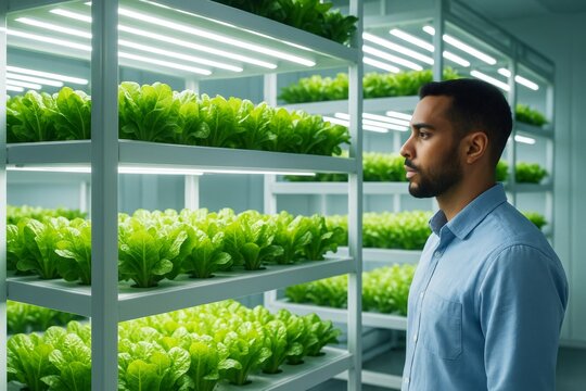 Man observing vertical hydroponic lettuce farm under LED lights in modern indoor agriculture facility with futuristic background concept. Ai generative