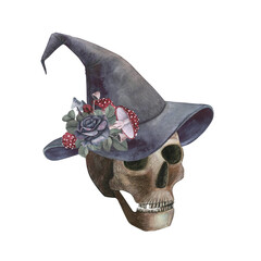 Scull gothic magical texture isolated on white background. Watercolor hand drawn esoterics sketch skull illustration. Art for design halloween, for day of the dead, Dia de los muertos