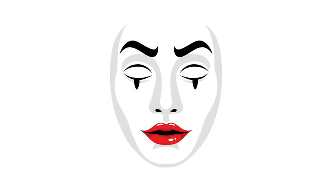 Stylized theatrical mime face with white makeup, closed eyes, and bright red lips.