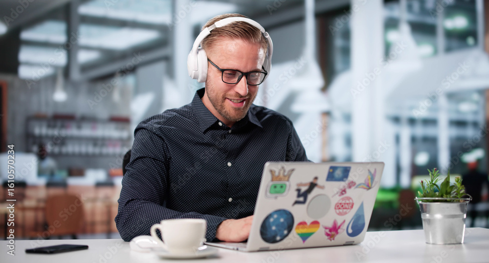 Poster young web designer creating graphic for technology company website