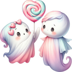 Obraz premium Two whimsical pastel colored ghost like figures embracing and holding a heart shaped lollipop