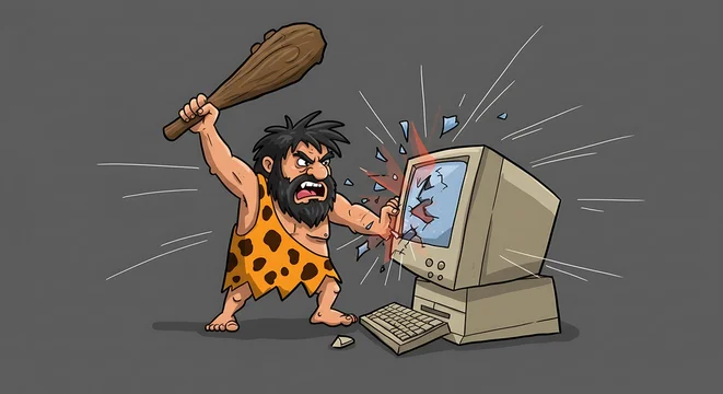 An angry cartoon caveman computer user experiencing extreme technostress, smashing an old desktop monitor with a large wooden club.