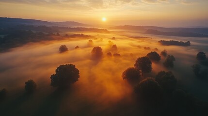 Tranquil Sunrise Over Misty Landscape with Trees and Rolling Hills in Soft Light and Orange Hues