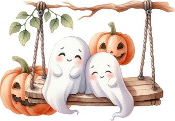 Cute Ghostly Halloween Couple Swinging on a Pumpkin Decorated Branch
