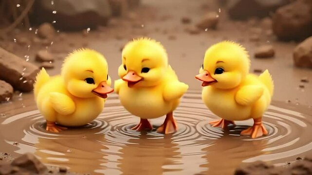 Three cute yellow ducklings playing in muddy water with splashes and ripples in cartoon style
