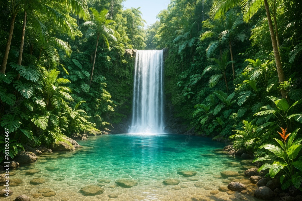 Poster tropical waterfall in lush green rainforest with crystal-clear pool and bright light creating a sere