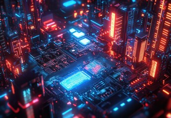Fototapeta premium Futuristic Cyber City with Glowing Neon Lights and Detailed Circuit Board Architecture in Abstract Technology Background