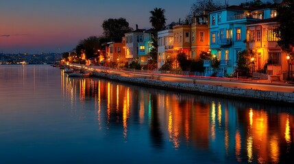 Fototapeta premium Vibrant city lights reflect beautifully on calm water at dusk along a historic waterfront
