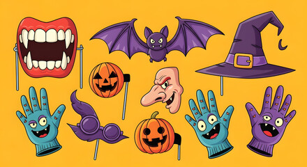 A colorful illustrated set of Halloween party accessories and props. A fun assortment of spooky items for a festive photo booth celebration.