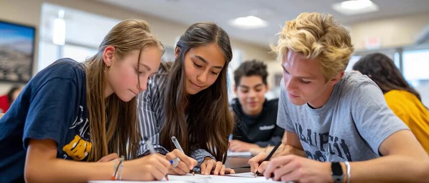 Focused Learning: A group of teenagers collaborate intently, engrossed in a study session in a bright, modern environment.