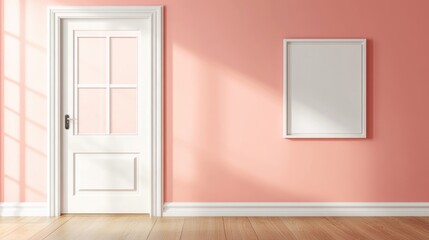 Empty room with pink walls and white door