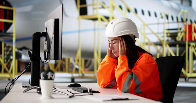 Confused Woman Learning Aircraft Maintenance