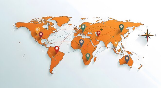 Colorful World Map with Location Pins and Compass for Business and Travel Visualization - Powered by Adobe