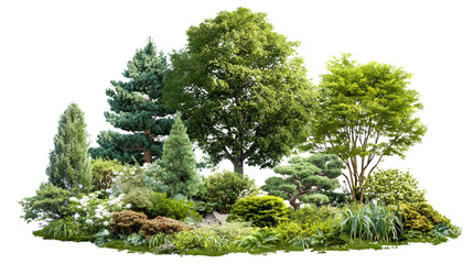 Lush green garden plants and trees isolated on transparent background