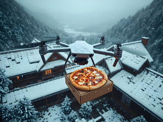 A delivery drone hovering above a snow-covered rooftop of a country house, holding a pizza box in its paws.