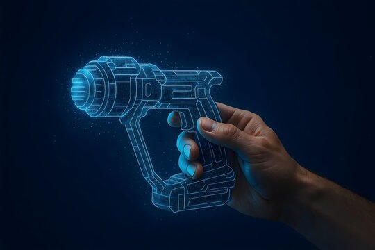 A hand holds a futuristic, holographic gun, representing advanced digital technology and science fiction